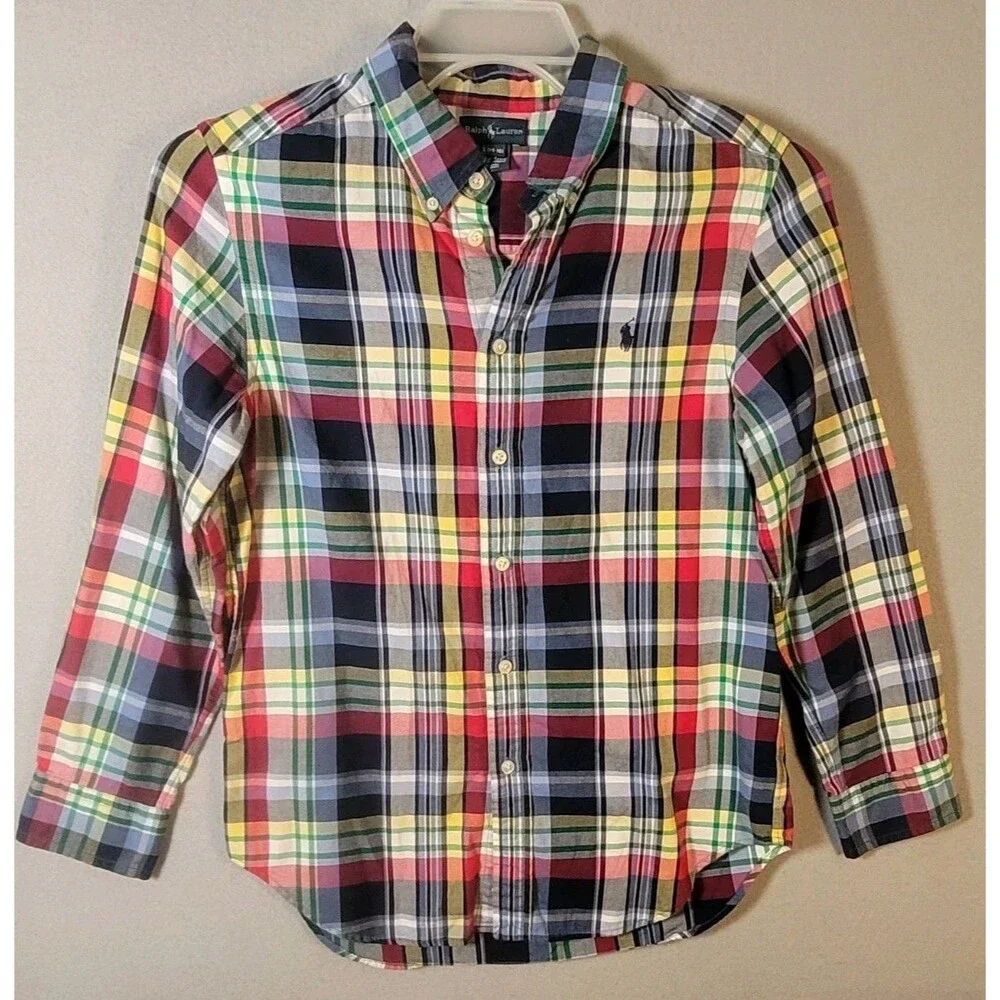 RALPH LAUREN Button Down Boys L 14-16 Blue Red Plaid Long Sleeve Pony Logo Shirt